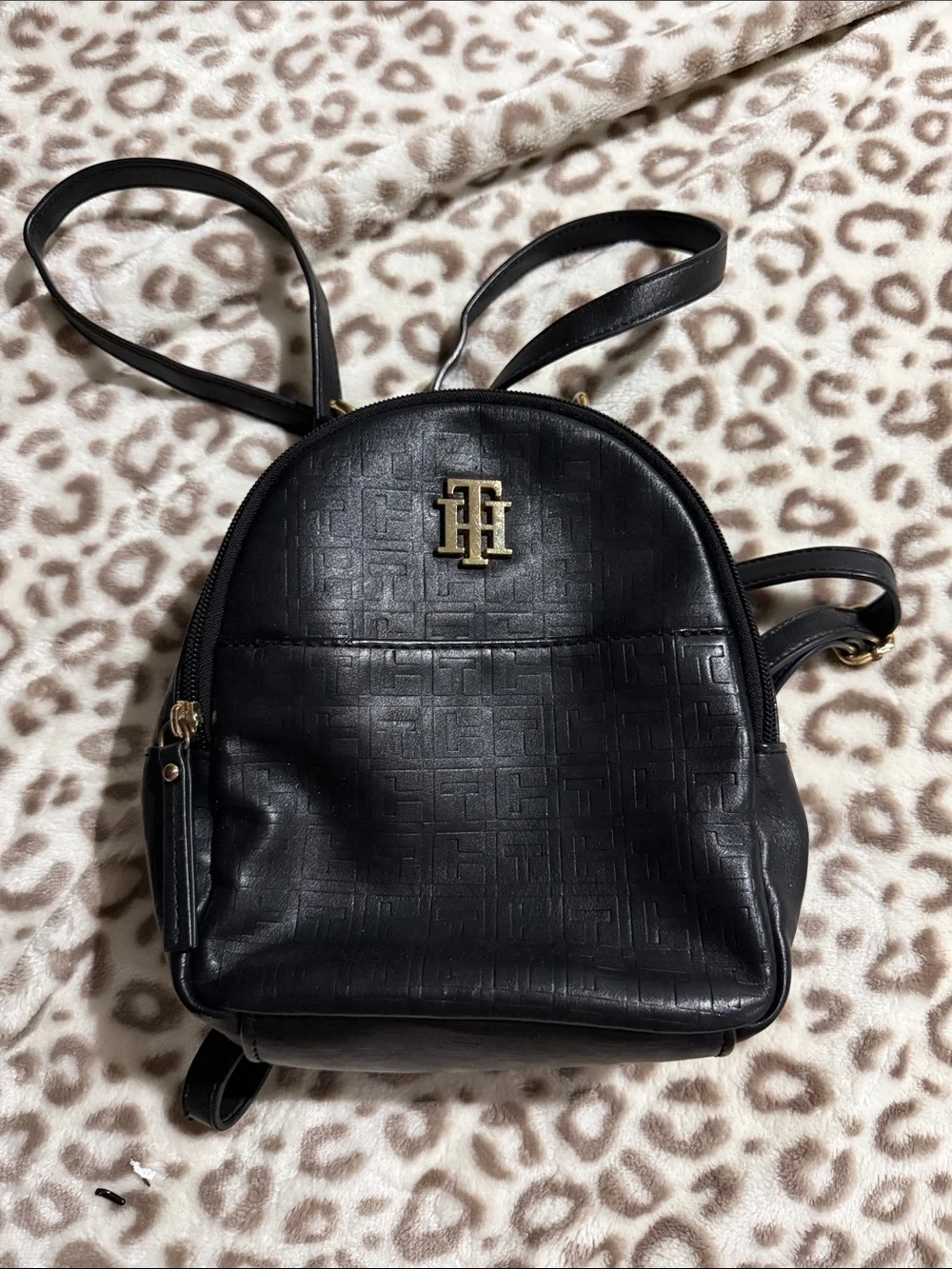Tommy Hilfiger Black Mini Backpack with Gold TH Logo Accent